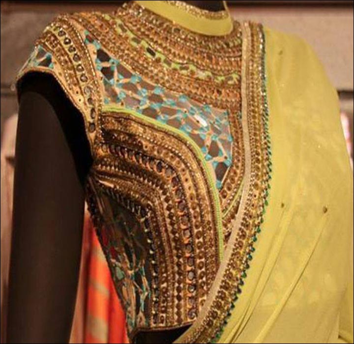 Maggam Work Blouse Designs - Sundance Yellow Maggam Blouse With Sequins & Studded Semi-Precious Stones