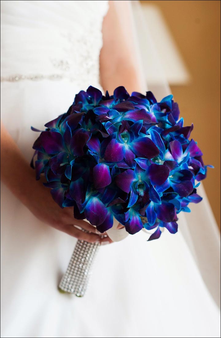 Turquoise Wedding Bouquets - Aqua Dendrobium Orchids With A Base Of Purple Hydrangea