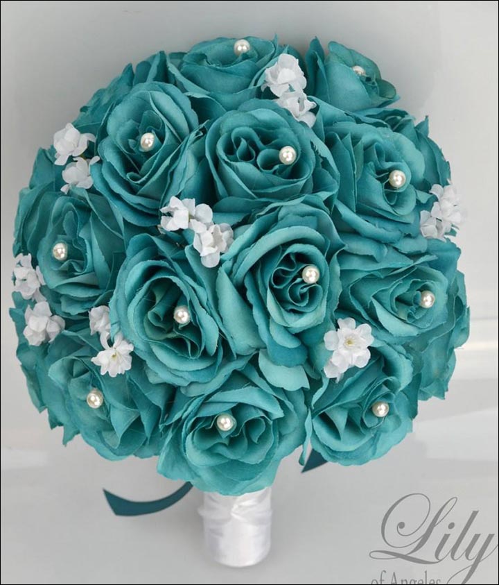 Turquoise Wedding Bouquets - Open Roses With White Baby’s Breath And Faux Pearl