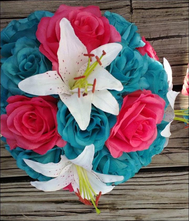 Turquoise Wedding Bouquets - Rose And White Tiger Lily Bouquet
