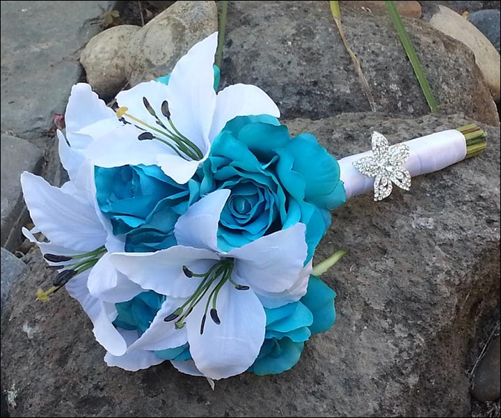 Turquoise Wedding Bouquets - Tropical Rose And Tiger Lilies