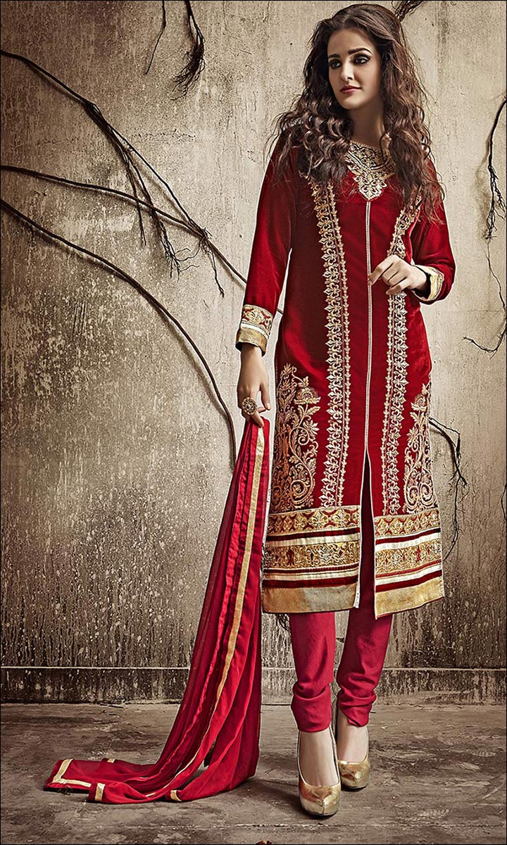 Heavily-Embellished-Velvet-Churidar-Kameez-Beautiful Dresses You Can Wear For To Your BFF's Wedding