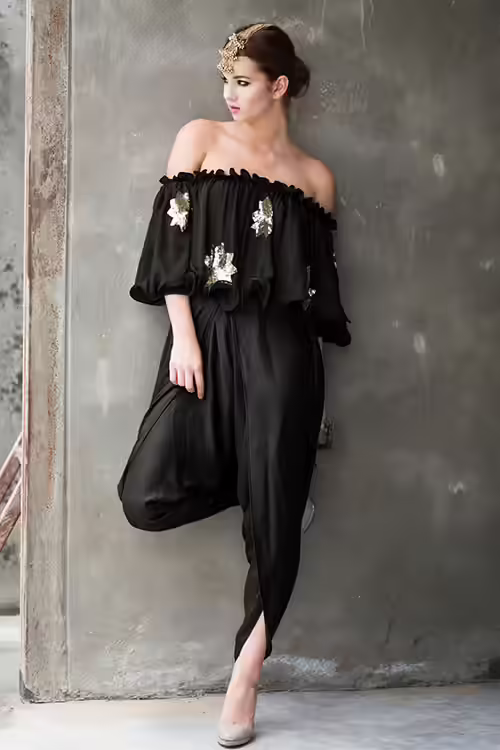 Black off shoulder top and dhoti salwar kameez design Black off shoulder top and dhoti salwar kameez design