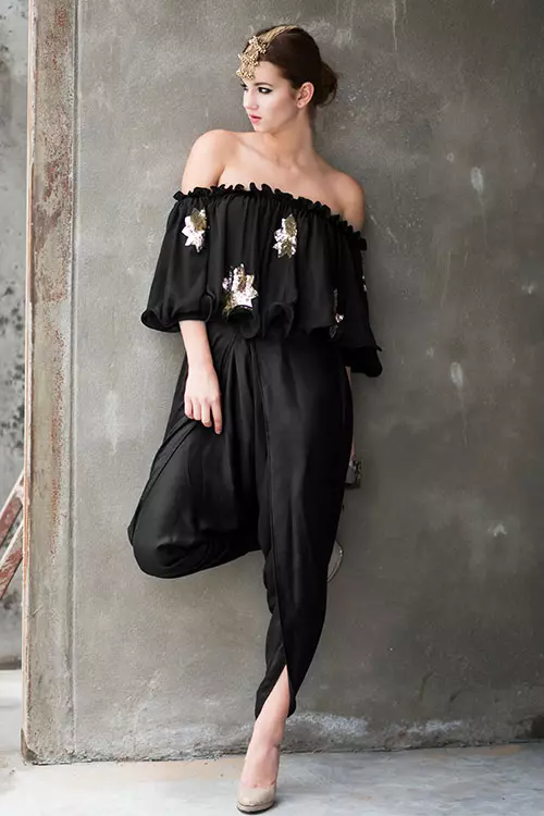 Black off shoulder top and dhoti salwar kameez design