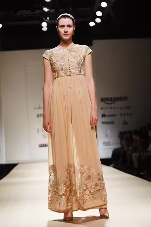 Honey hued floral jacket and trousers trendy salwar kameez design Honey hued floral jacket and trousers trendy salwar kameez design