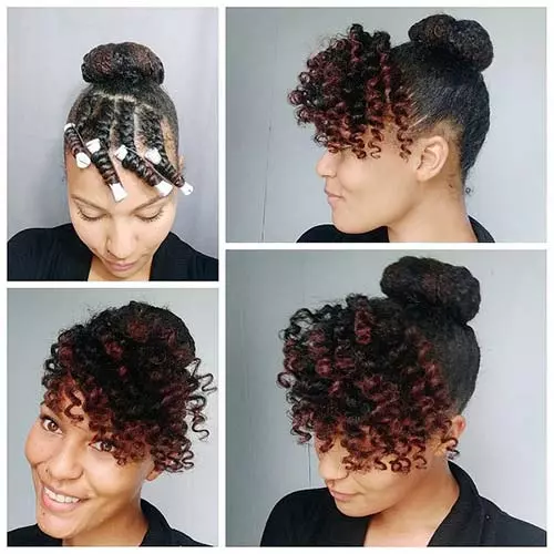 5. Top Knot With Curly Bangs