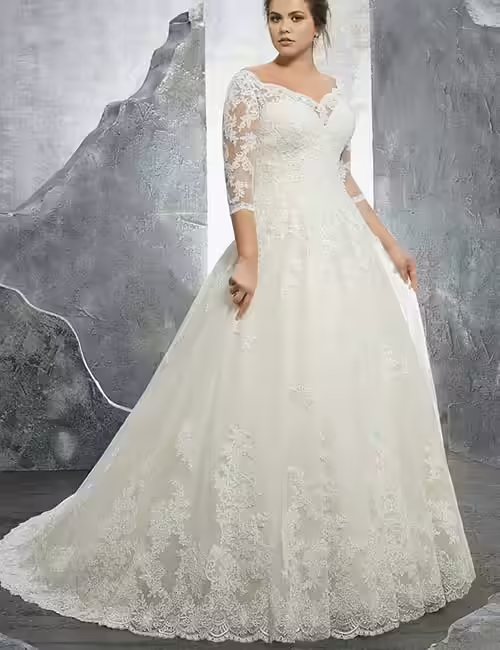 Lace Dress With Broad V-Neck Plus Size Wedding Dresses - Lace Dress With Broad V-Neck