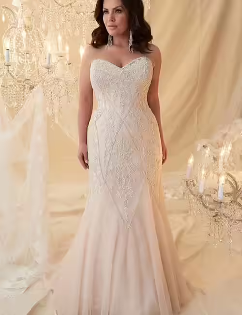 Strapless High Low Gown With Silver Embellishments Plus Size Wedding Dresses - Strapless High Low Gown With Silver Embellishments