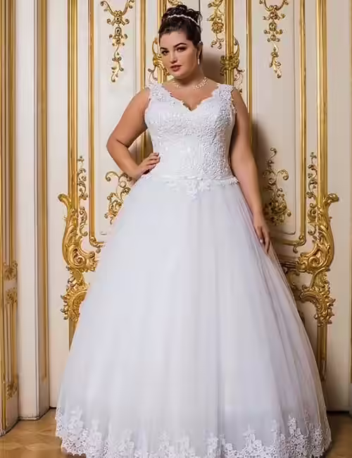Sleeveless Bridal Gown In Lace And Tulle Plus Size Wedding Dresses - Sleeveless Bridal Gown In Lace And Tulle