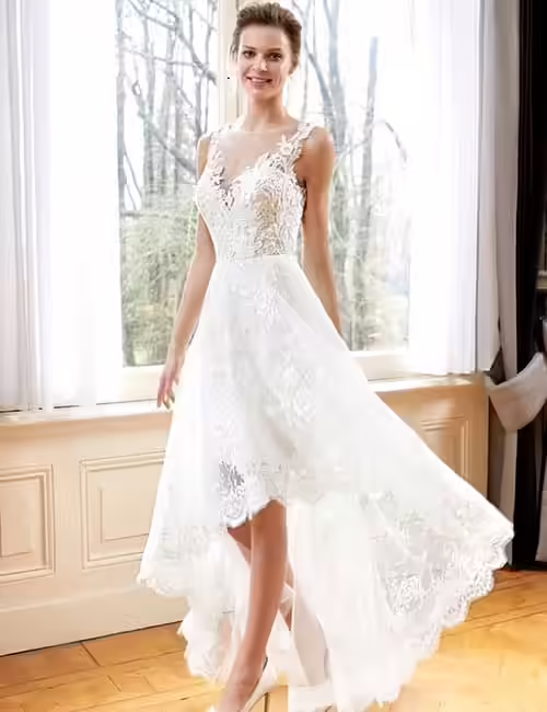 20. Asymmetrical Applique Lace Cut Bridal Dress