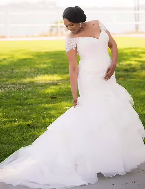 Lace And Silk Gown With Flap Sleeves Plus Size Wedding Dresses - Lace And Silk Gown With Flap Sleeves