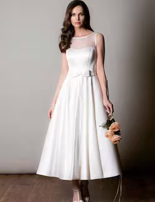 4. Satin T-length Dress With Illusion Neckline