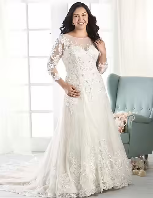 Long Sleeves Wedding Dress With Lace Overlay Plus Size Wedding Dresses - Long Sleeves Wedding Dress With Lace Overlay
