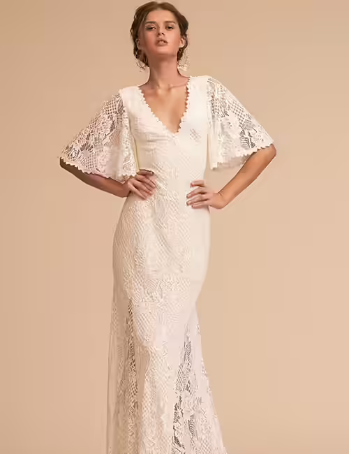 Lace Dress With Flap Sleeves And V-Neck Vintage Wedding Dresses - Lace Dress With Flap Sleeves And V-Neck