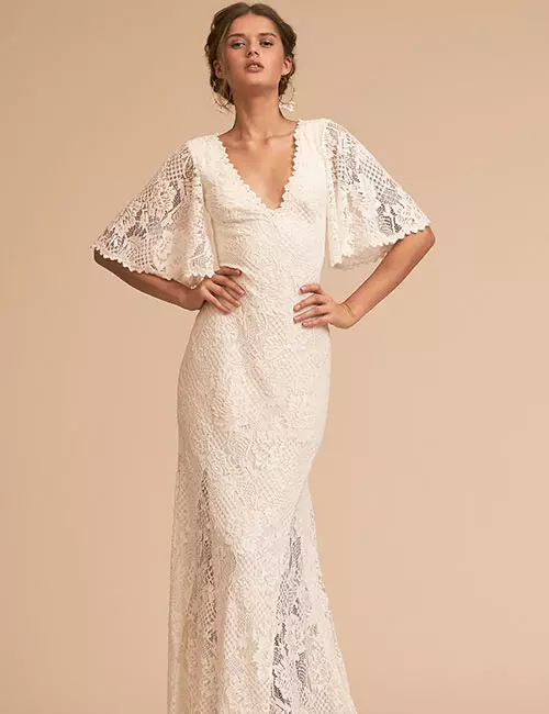 Vintage Wedding Dresses - Lace Dress With Flap Sleeves And V-Neck