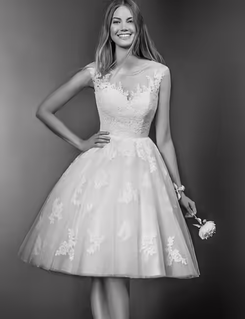 Knee Length Lace Applique Work Bridal Dress Vintage Wedding Dresses - Knee Length Lace Applique Work Bridal Dress