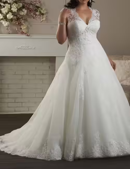 Lace Gown With Cap Sleeves Plus Size Wedding Dresses - Lace Gown With Cap Sleeves