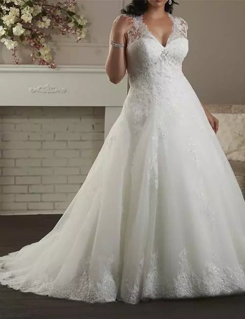 Plus Size Wedding Dresses - Lace Gown With Cap Sleeves