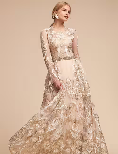 Golden Color Applique Work Wedding Gown Vintage Wedding Dresses - Golden Color Applique Work Wedding Gown