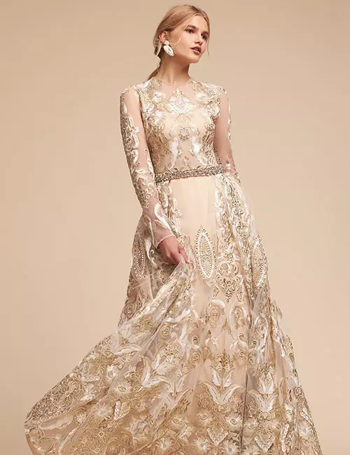 Vintage Wedding Dresses - Golden Color Applique Work Wedding Gown