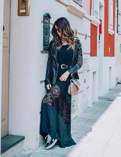 How To Wear A Leather Jacket - Leather Jacket With A Long Dress