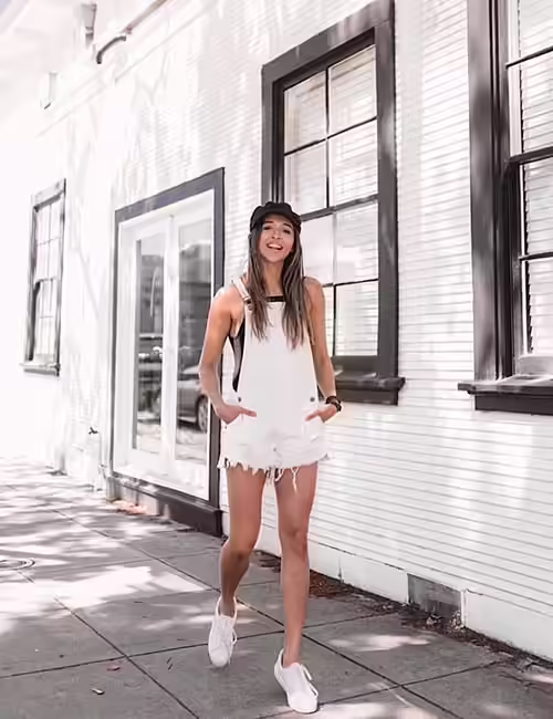 White Frayed Mini Overalls Overall Outfit Ideas - White Frayed Mini Overalls