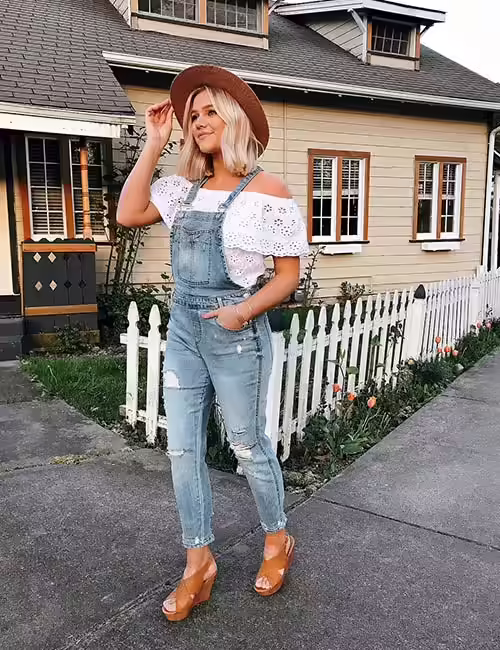 Frayed Overalls With Off Shoulder Top Overall Outfit Ideas - Frayed Overalls With Off Shoulder Top