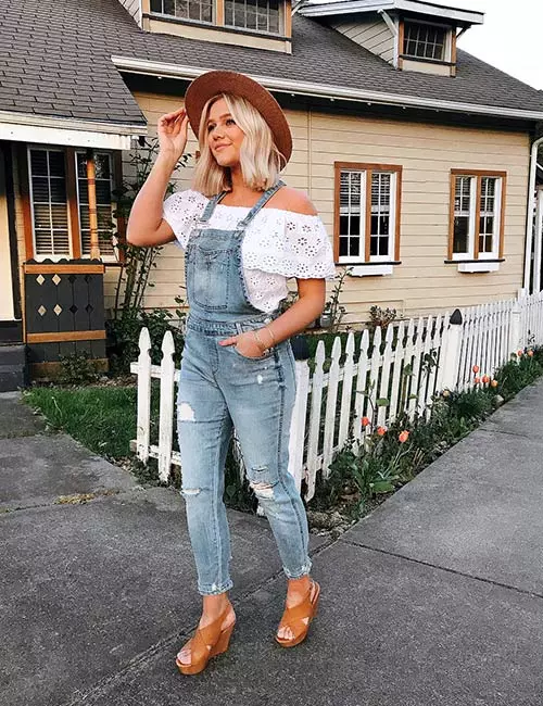 Overall Outfit Ideas - Frayed Overalls With Off Shoulder Top