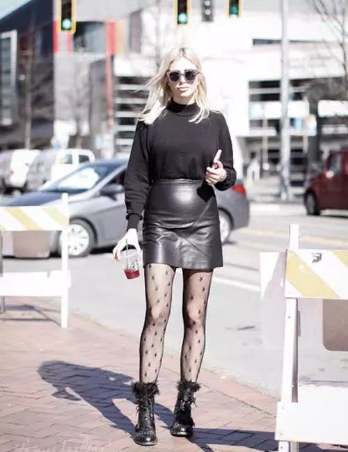 How To Wear Combat Boots - Leather Skirt And Lace Stockings