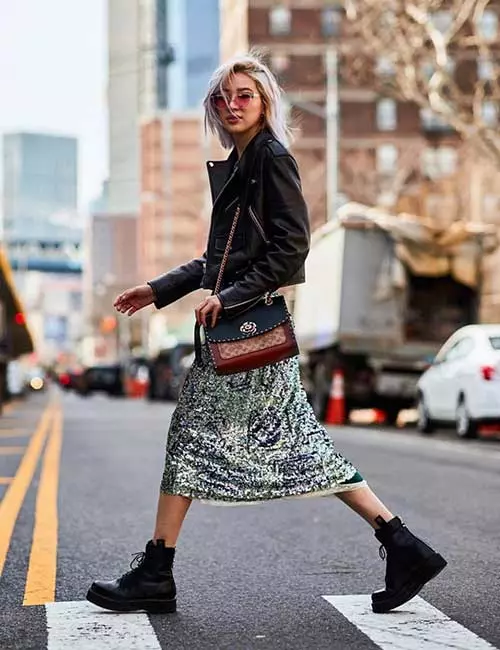 How To Wear Combat Boots - Sequin Skirt And Leather Jacket