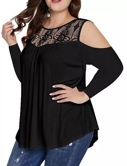 DIOLOCA Women's Plus Size Lace Neckline Tunic