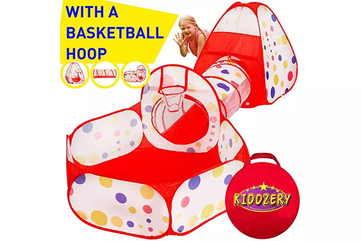 Kiddzery 3pc Kids Play Tent Crawl Tunnel and Ball Pit with Basketball Hoop