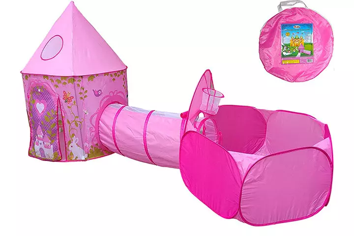 Playz 3pc Girls Princess Fairy Tale Castle Play Tent, Crawl Tunnel & Ball Pit w Pink Prairie Design