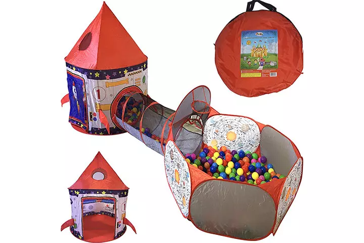 Playz 3pc Rocket Ship Astronaut Kids Play Tent, Tunnel, & Ball Pit with Basketball Hoop