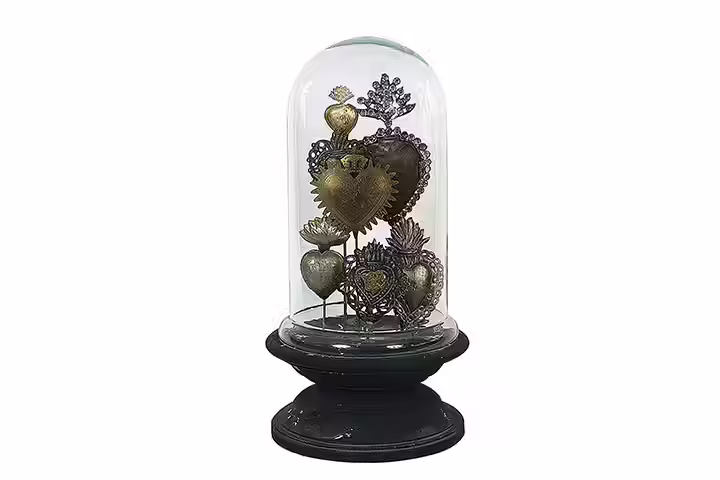 Creative Co-op Decorative Tin Sacred Hearts on Wood Pedestal with Glass Cloche