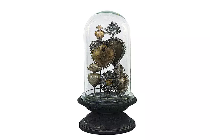 Creative Co-op Decorative Tin Sacred Hearts on Wood Pedestal with Glass Cloche