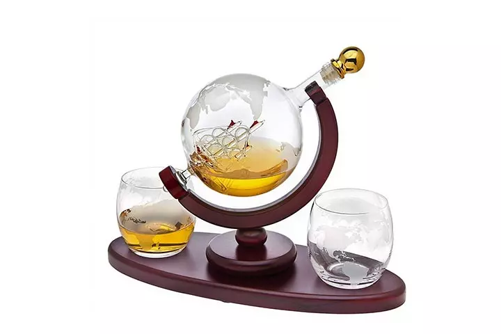 Whiskey Decanter Globe Set with 2 Etched Globe Whiskey Glasses