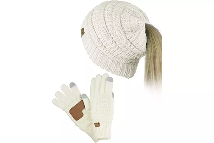 C.C BeanieTail Messy High Bun Cable Knit Beanie And Anti-Slip Touchscreen Gloves Set