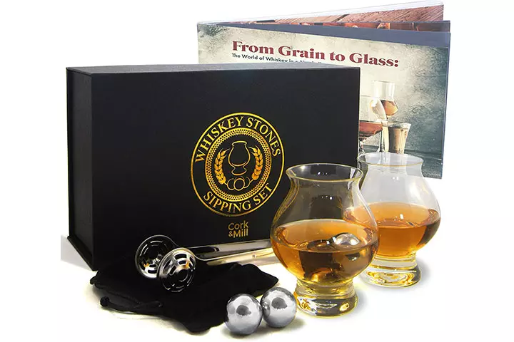 Cork & Mill Bourbon Gift Box with Whisky Stones, Glasses, Tongs, Pouch, And Booklet