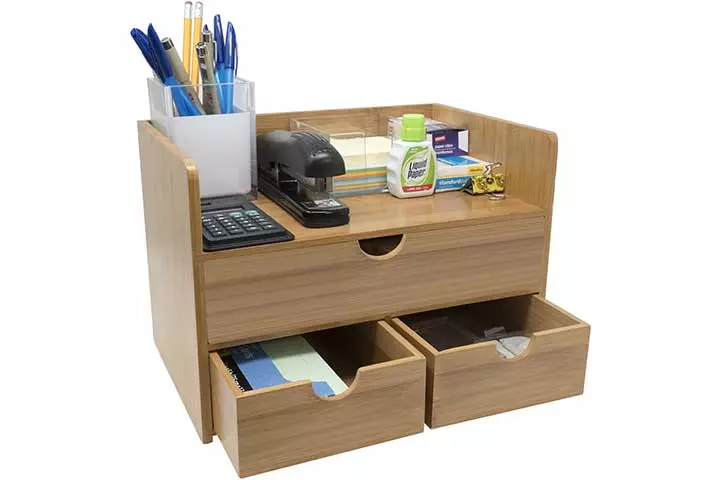 Sorbus 3-Tier Bamboo Shelf Organizer for Desk with Drawers — Mini Desk