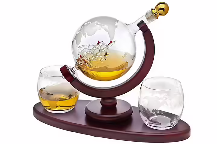 Whiskey Decanter Globe Set With 2 Etched Globe Whisky Glasses-By Godinger