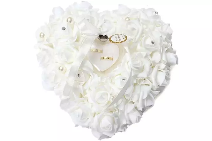 White Ring Pillow Lace Crystal Rose Wedding Heart Ring Box