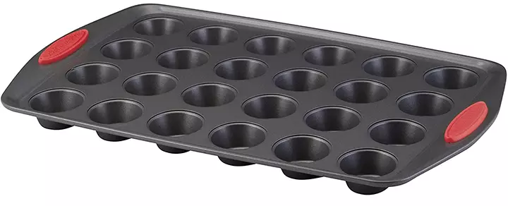 Rachael Ray 24-Cup Oven Lovin’ Mini Steel Muffin Pan, Gray with Red Grips