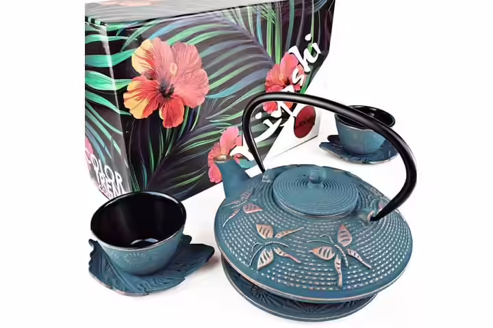 Kyoshi Luxury Blue Butterfly Cast Iron Teapot Set