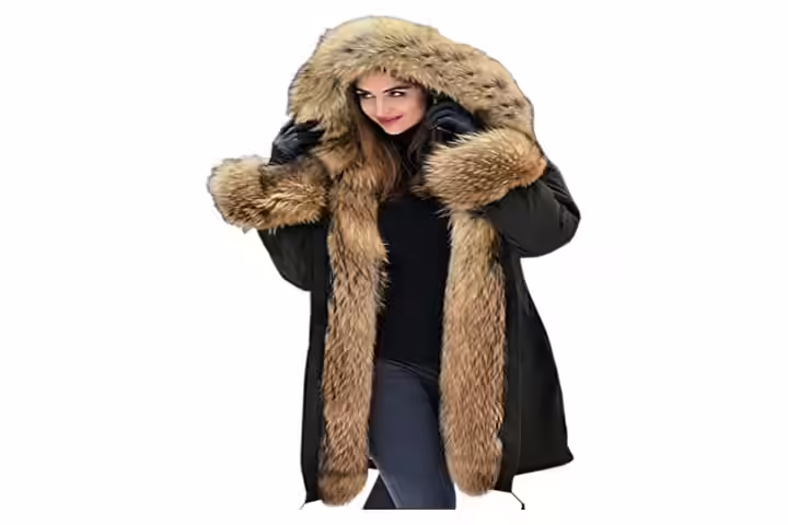 Aofur Womens Hooded Faux Fur Lined Coat