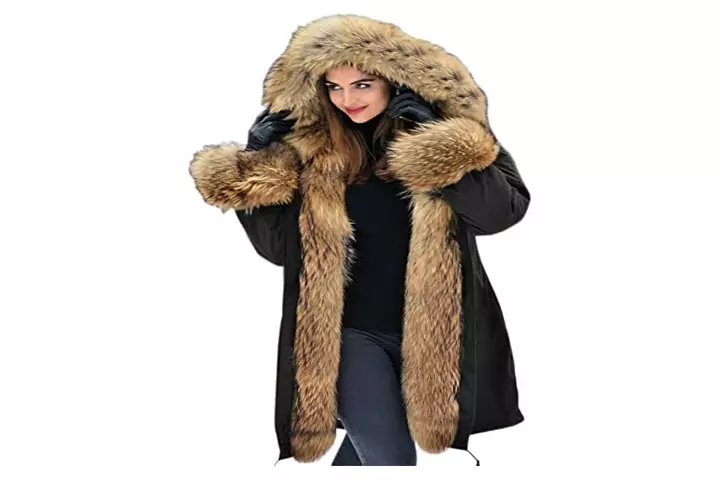 Aofur Womens Hooded Faux Fur Lined Coat