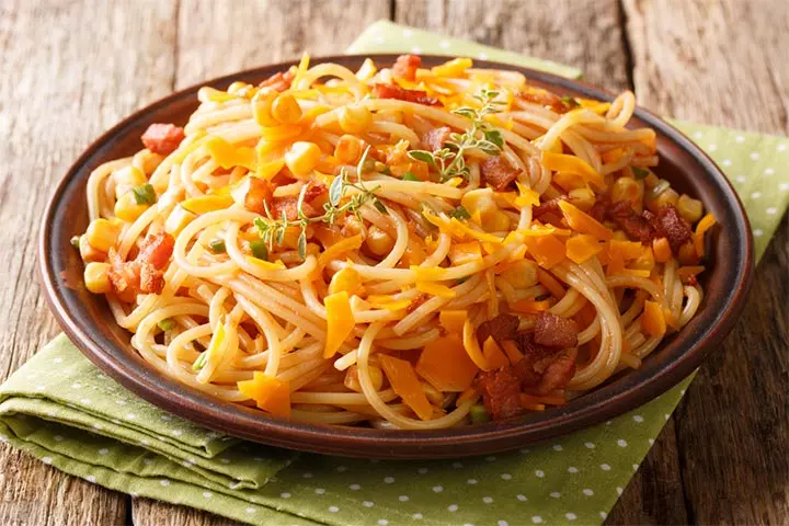 Roasted broccoli and bacon spaghetti cold lunch ideas for kids