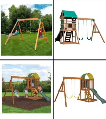 A wooden swing set in a backyard is a beauty and assures fun for children.