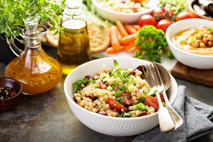 Pearl couscous with chickpeas and tomatoes school lunch idea for kids