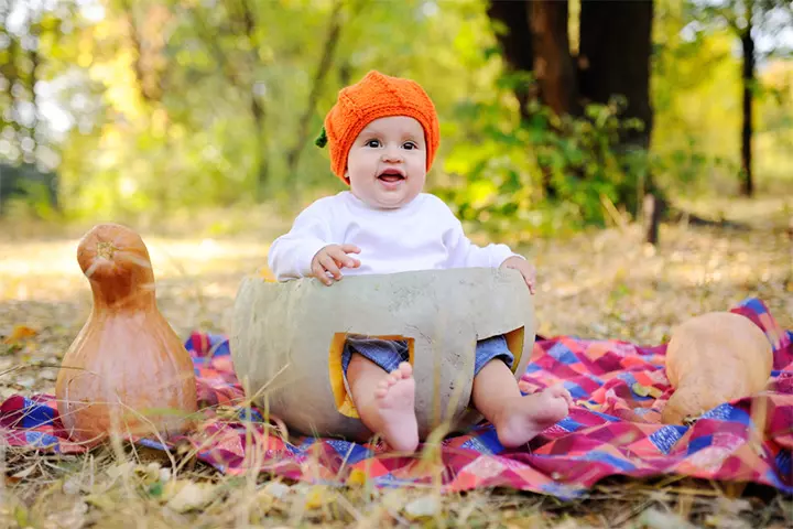 Outdoor baby in a pumpkin pictures